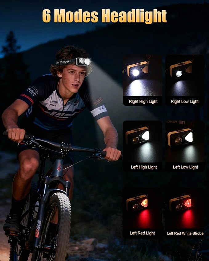 LED Headlamp Rechargeable with Motion Sensor, Ultralight Bright Headlight with White Red Light Waterproof 6 Modes for Outdoor Camping Running Hard Hat Fishing Repair, 1 Pack