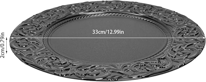 CNCEST 100 PCS Antique Charger Plates Bulk 13'' Plastic Embossed Dinner Plate Chargers Round Floral Plates for Wedding Decorative Chargers for Table Dinner Kitchen Party Decoration (Black)