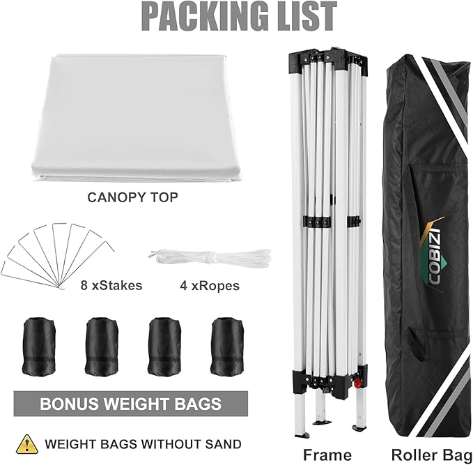 COBIZI 10x10 Pop Up Canopy Tent with 4 Sandbags, Easy Set Up Tent, Instant Outdoor Sun Shelter Canopy with 8 Stakes,4 Ropes&Carry Bag, Tents for Parties, Beach, Backyard,Camping(White)