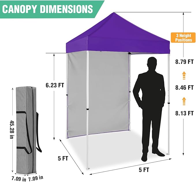 5x5 Pop Up Canopy Tent with One Sidewall, Instant Portable Beach Canopy, Outdoor Tent with Carry Bag for Camping, Sports, Tailgating, Events, Purple