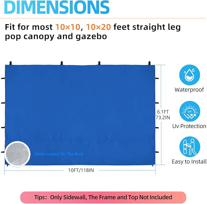 Joramoy Instant Canopy Sidewall 10×10 for Pop Up Tent, Waterproof Sunwall for Straight Leg Canopy with UV Protection, 1 Pack Side Panels Only(10×10, Blue)