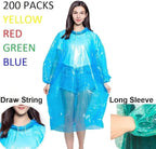Disney Disposable Rain Poncho, 200 Waterproof Plastic Ponchos for Adults, Bulk with Hood Drawstring, One Time Use Emergency, Concert Hiking Camping
