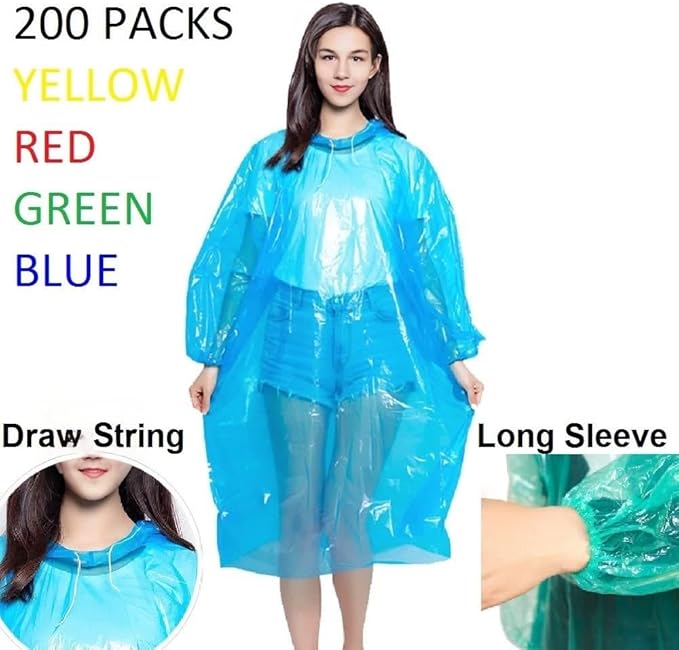 Disney Disposable Rain Poncho, 200 Waterproof Plastic Ponchos for Adults, Bulk with Hood Drawstring, One Time Use Emergency, Concert Hiking Camping