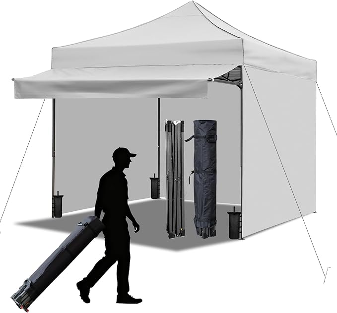 10x10 Durable Pop Up Canopy Tent with Sidewalls, Waterproof Attachable Tent Wall, Privacy Shade for Outdoor Events, Camping, Farmers Market (Light Gray with Awning)