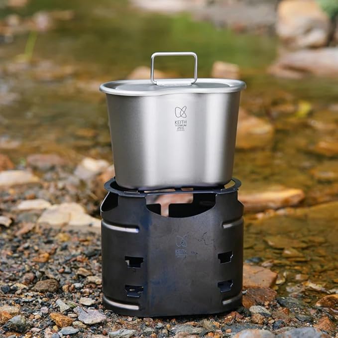 Keith Titanium Ti3061 Pro Plastic-Free Canteen Mess Kit with Stove – Grade 1 Titanium Cookset, 37 oz Bottle, 24 oz & 13.5 oz Cups, Custom MOLLE Field Carry Case with Premium Zippered Pouches