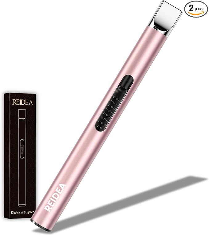 REIDEA 2 Pcs Electronic Candle Lighter Gift Arc Windproof Flameless USB Rechargeable Lighter with Safe Button for Home Kitchen (Rose Gold)