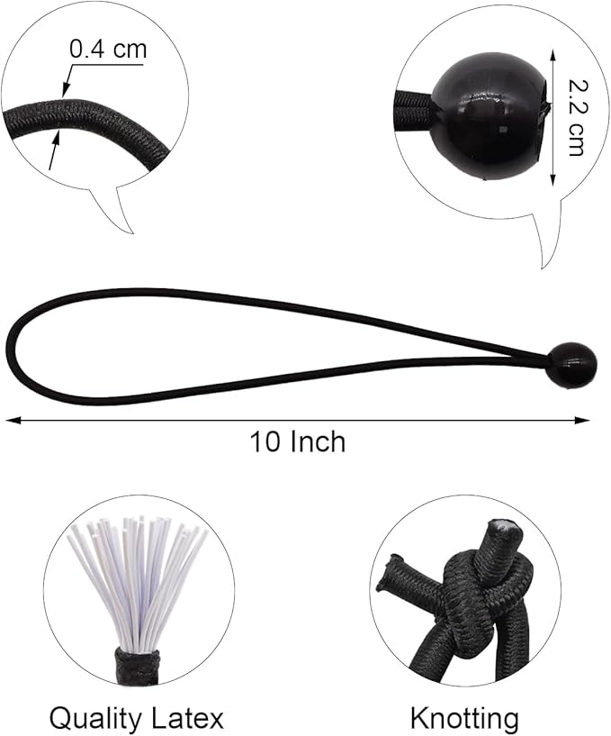 Bungee Cord with Ball 100 Pcs, 10 Inch Bungees Balls Heavy Duty Outdoor Tent Accessories for Camping Tarp, Canopy and Fixings (Black)