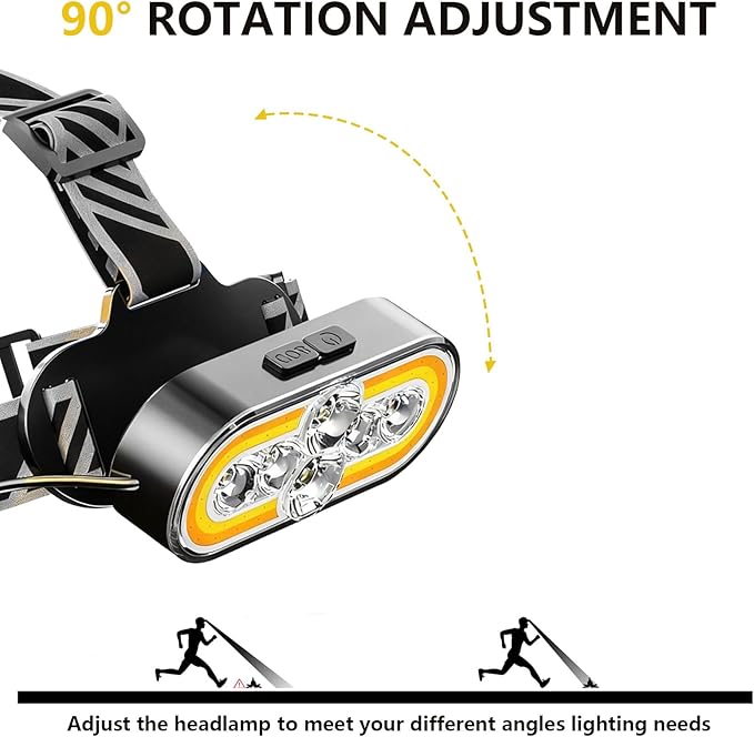 Super Bright Headlamp Rechargeable - 6 LED & 2 COB, 90° Rotating, Digital Power Display, 15 Modes with Red Light, Waterproof for Camping, Hiking, Walking, Running, Mechanic, Emergency