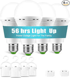 Rechargeable Emergency Light Bulbs, Battery Powered LED Light Bulb 6000K Daylight E26 12W 60W Equivalent with 1500mAh for Home Power Outage Camping Hiking(4 Bulbs, 4 Hooks,2 Plug Caps)