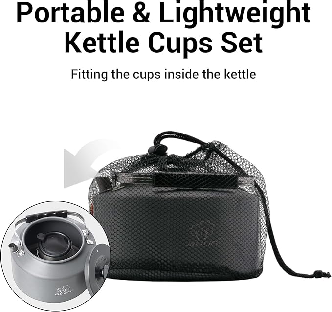 Bulin Camping Kettle, 2.2L Large Portable Stovetop Tea Kettle Fast Heating Boiling Hot Water for Open Fire Lightweight Coffee Pot with 2 Camping Cups & Lids for Outdoor Hiking Picnic Travel