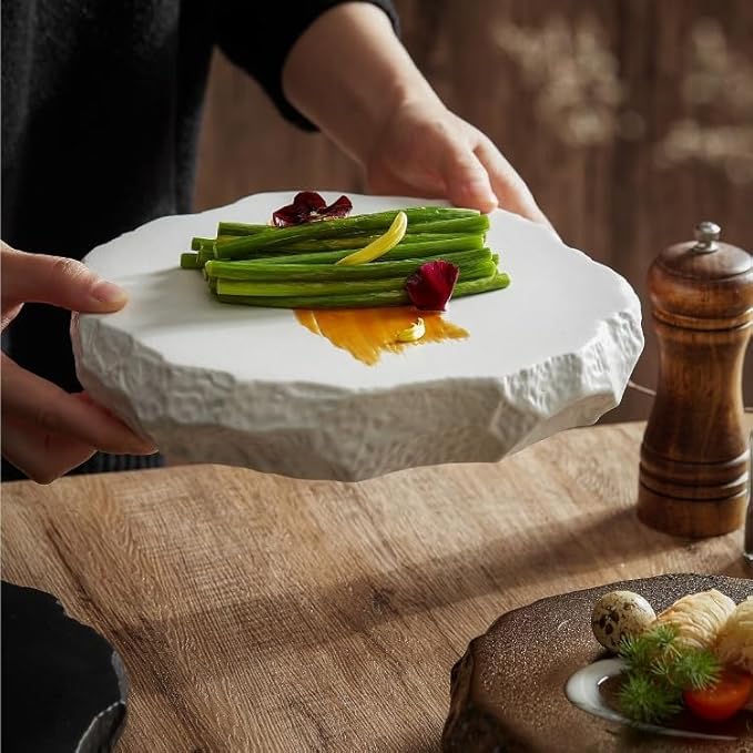 Camping Plates White Special-Shaped Ceramic Stone Pattern Western Dinner Plate Flat Plate Tray Dish Plate Hotel Restaurant Hotel Cold Dish Tableware Decorative Plate(B)