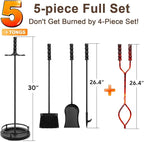 AMAGABELI Garden & Home 5 Pieces Fireplace Tools Sets Wrought Iron Indoor Fireplace Set with Poker Tongs Broom Shovel Stand Fire Tools Outdoor Fire Place Fire Pit Hearth Accessories Sets Black