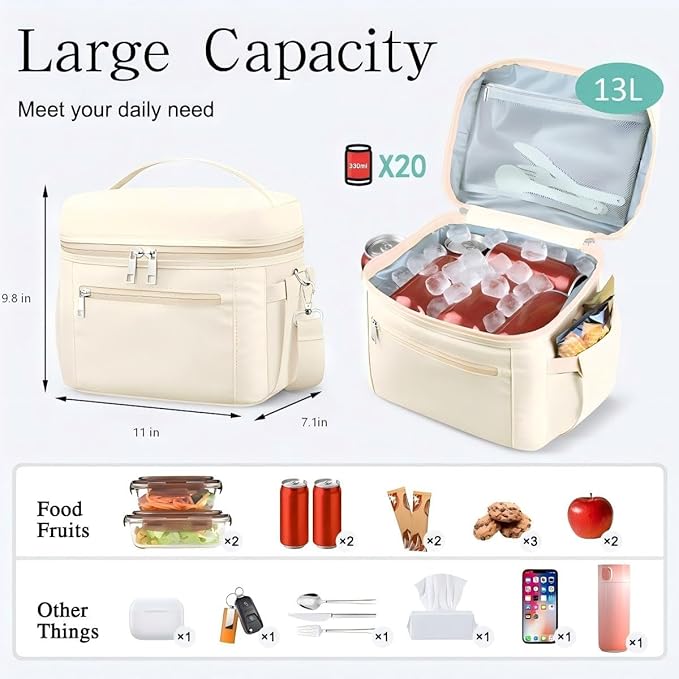 DALINDA Lunch Bag Cooler Bag Lunch Box for Women Men, 13L Large Insulated Leak Proof LunchBox Lightweight for Picnic,Grocery,Beach,Camping,Travel,Work