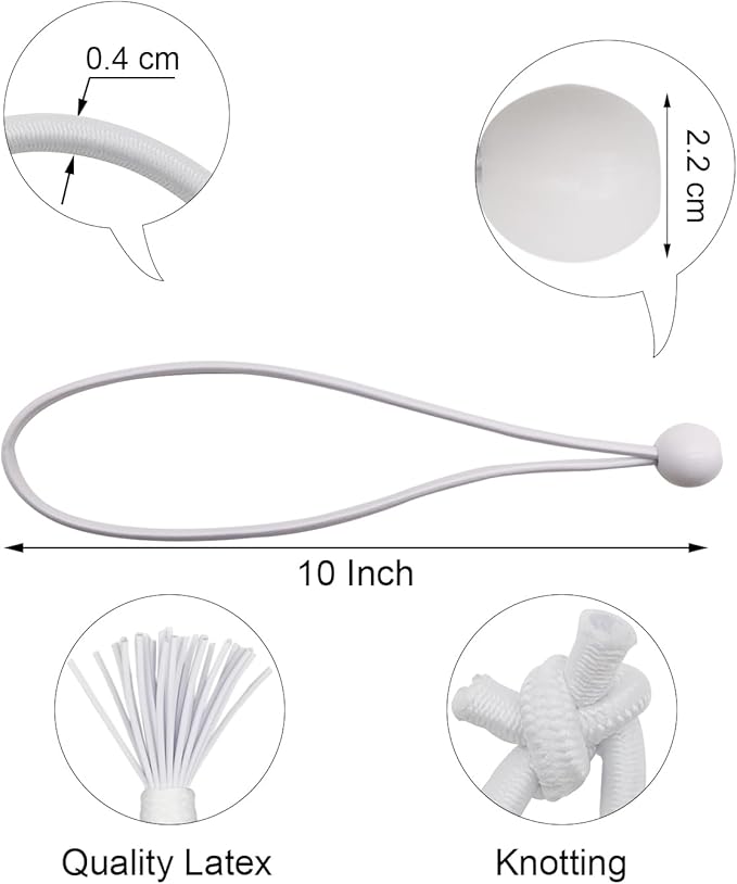Bungee Cord with Ball 25 Pcs, 10 Inch Bungees Balls Heavy Duty Outdoor Tent Accessories for Camping Tarp, Canopy and Fixings (White)
