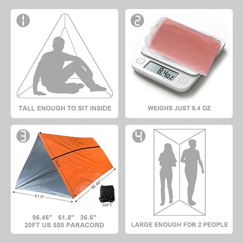 1-Pack Survival Life Tent - 1Person Mylar Shelter, Tube Tent with Paracord, All-Weather for Camping, Hiking, Survival Kits-Yellow