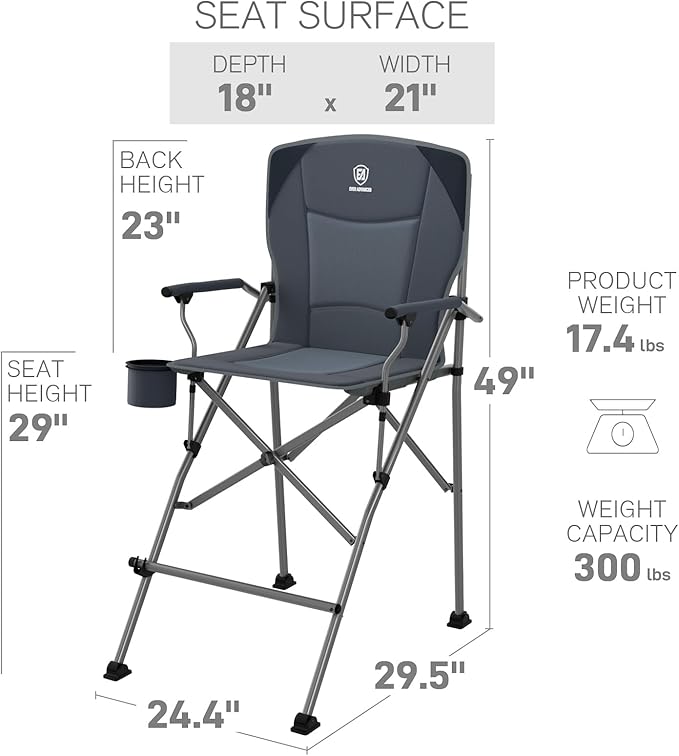 EVER ADVANCED Tall Camping Folding Chair 31", Portable Directors Chair, Bar Height Camping Chair with Carry Bag and Footrest, Armrest, Heavy Duty Supports 300 Lbs Grey