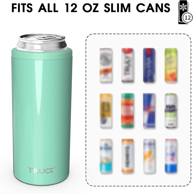 TILUCK Skinny Can Cooler for Slim Beer & Hard Seltzer, Stainless Steel, Doucle-Walled Stainless Steel Insulated Slim Cans, Standard 12 oz (Glitter Aqua)