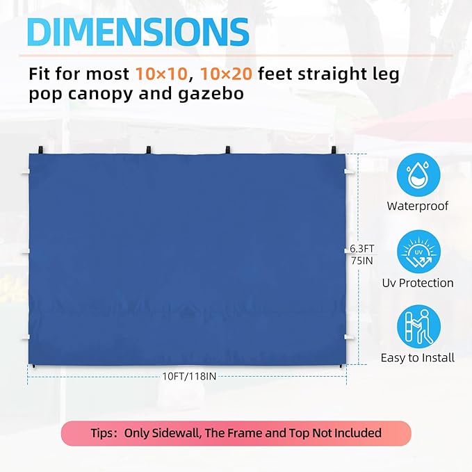 Joramoy Instant Canopy Sunwall 10×10 for Pop Up Canopy, Waterproof, UV Protection Canopy Sidewall, 1 Pack Straight Leg Canopy Side Panels Only（10×10, Blue)