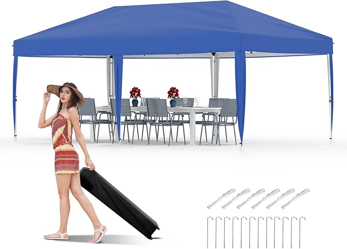 10x20 Pop Up Canopy with 0/4/6 Sidewalls, Beach Ten with One Push Setup, Heavy Duty Outdoor Instant Canopy Tent with Portable Roller Bag, Silver Coated Top, 3 Adjustable Height, Sandbags