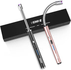 VEHHE Candle Lighter, 2 Pack Rechargeable Electric Lighter with LED Battery Display Safety Switch, Flexible Neck USB Lighters for Candles Camping Grill Gas Stoves Cooking (Black & Pink)