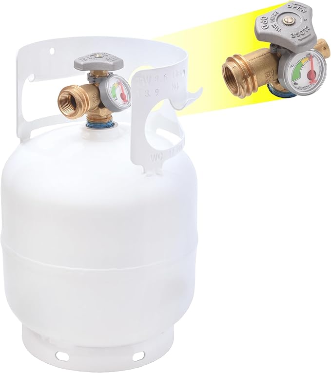 Flame King YSN5LB-GAUGE 5lb Steel Propane Tank Cylinder with Gauge and OPD Valves for Grills and BBQs, Camping, Fishing, & Outdoor Activities, White