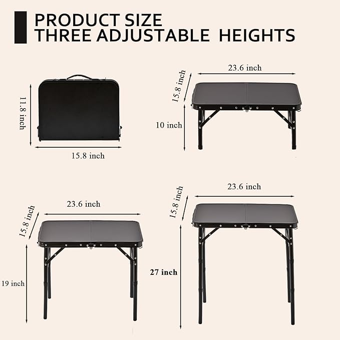 Folding Picnic Table with Storage Net, Matte Black Aluminum Folding Table 23.6" x 15.8", Adjustable Height Max 27.5", Lightweight Portable for Camping Travel Grill Indoor