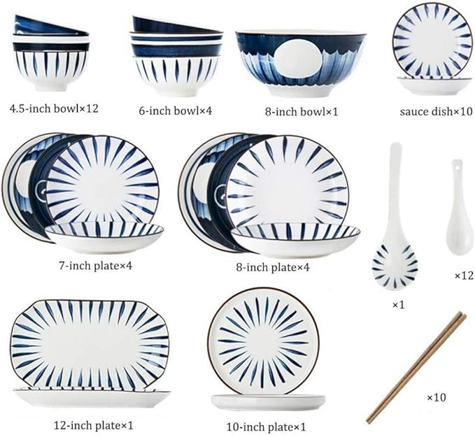 Pottery Tableware,Blue Printed Ceramic Dinnerware Sets Porcelain Combi-Set Dinner Plates Dessert Plates Cereal Bowls Salad Bowls