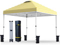Nazhura 10' x 10' Pop Up Canopy with Sand Weight Bag, Awing for Patio, Freestanding Sun Shelter for Picnic and Camping, One Person Setup, White (Yellow Stripe)