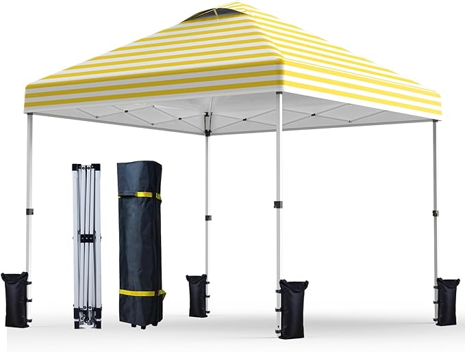 Nazhura 10' x 10' Pop Up Canopy with Sand Weight Bag, Awing for Patio, Freestanding Sun Shelter for Picnic and Camping, One Person Setup, White (Yellow Stripe)