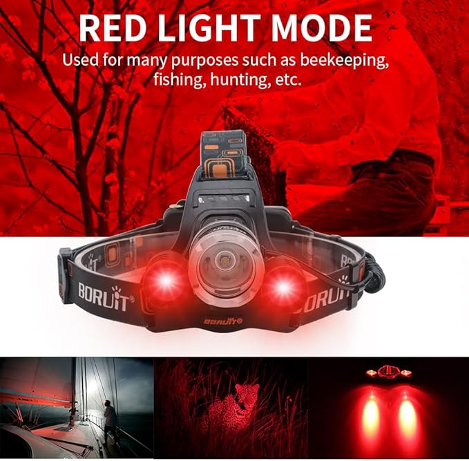 BORUIT RJ-3000 LED Rechargeable Headlamp with Red Light, Super Bright Hunting Head Lamp 3 Modes, Waterproof Head Light for Adult Fishing Camping Headlight Gear