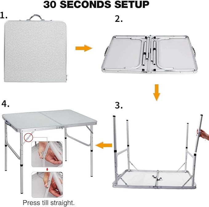 Aluminum Folding Table 4 Foot, Adjustable Height Lightweight Portable Camping Table for Picnic Beach Outdoor Indoor, White 48 x 24 inches