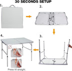 Aluminum Folding Table 4 Foot, Adjustable Height Lightweight Portable Camping Table for Picnic Beach Outdoor Indoor, White 48 x 24 inches