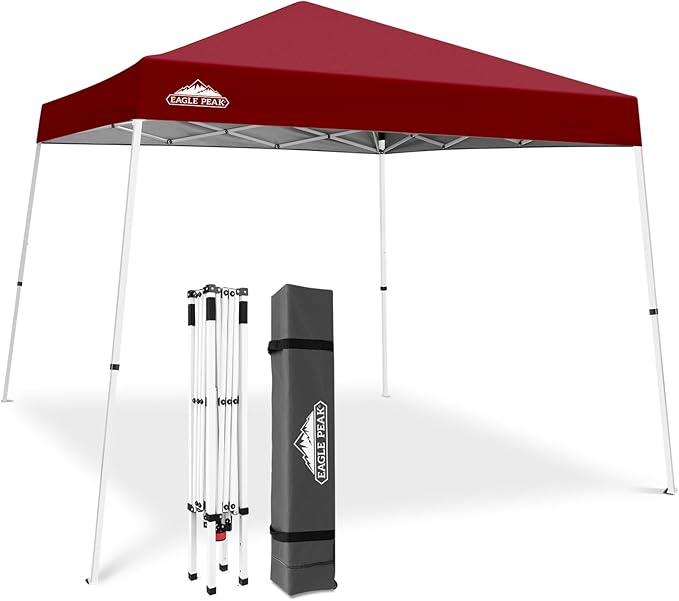 EAGLE PEAK 10x10 Slant Leg Pop-up Canopy Tent Easy One Person Setup Instant Outdoor Beach Canopy Folding Portable Sports Shelter 10x10 Base 8x8 Top (Burgundy)