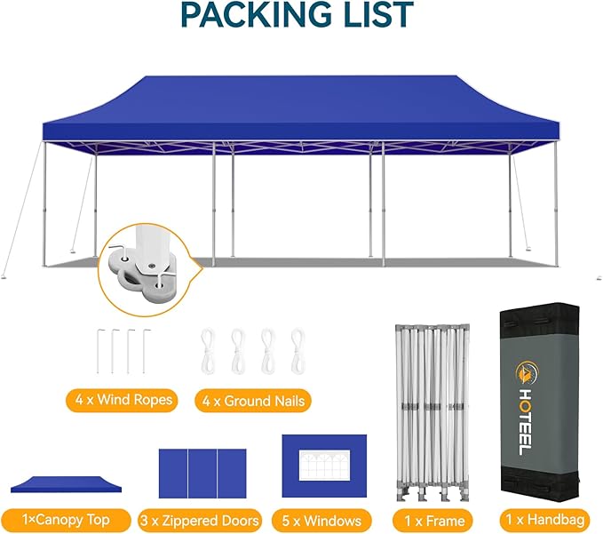 Hoteel 10x30 Pop Up Canopy Tent Heavy Duty with 8 Sidewalls, Waterproof Party Tent, Easy Set-up Commercial Instant Tents with Hand Bag, Rope & Nail, Hexagonal Leg (1-Year Warranty)