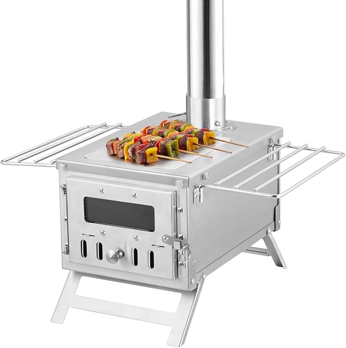 VEVOR Camping Wood Stove Stainless Steel Camping Tent Stove, Portable Wood Burning Stove with Chimney Pipes & Gloves, 640in³Firebox Hot Tent Stove for Outdoor Cooking and Heating with 8 Pipes