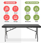 6ft Heavy-Duty Portable Outdoor Folding Table for 6 - Sturdy HDPE Top, 350lbs Capacity, Lockable Design, No Assembly - Camping Parties Picnics (Black)
