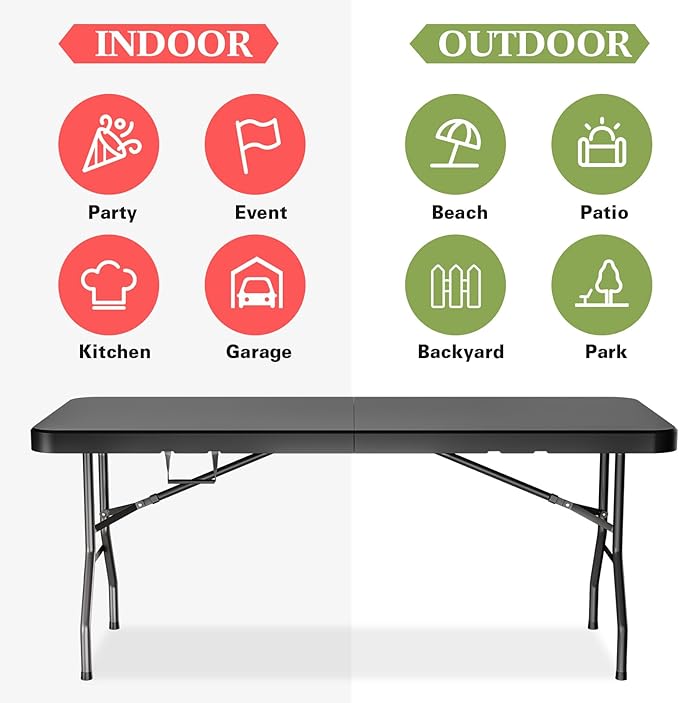 6ft Heavy-Duty Portable Outdoor Folding Table for 6 - Sturdy HDPE Top, 350lbs Capacity, Lockable Design, No Assembly - Camping Parties Picnics (Black)