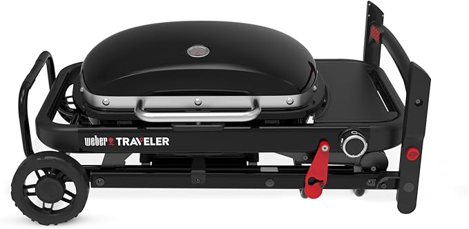 Weber Traveler® Compact Portable Gas Grill (Liquid Propane) for Outdoor Cooking – Black, Porcelain-Enameled Lid, Side Table, Folding Portable Grill with Wheels for Camping, Tailgating & Travel