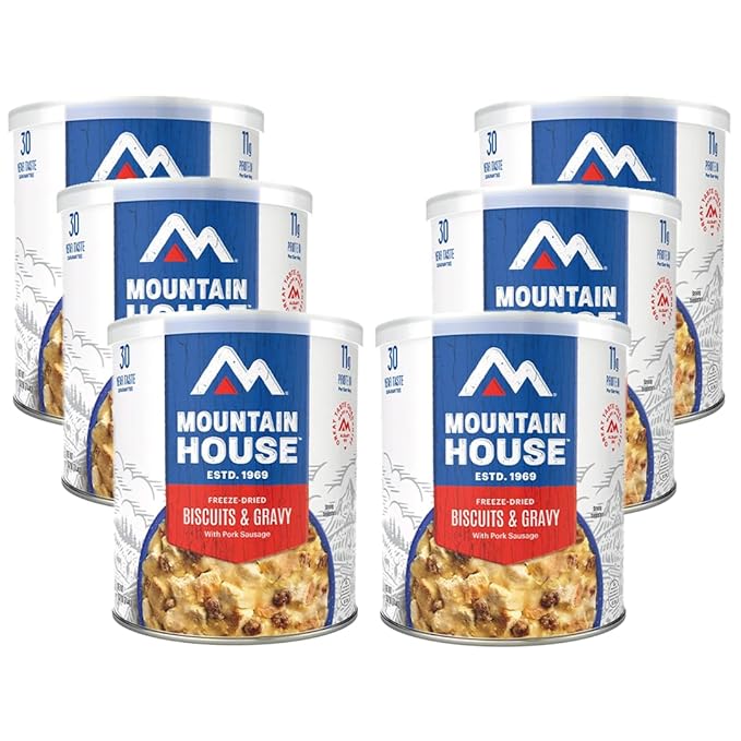 Mountain House Freeze-Dried Biscuits & Gravy with Pork Sausage #10 Can – 72 Total Servings (6 Cans, 12 Servings Each) – Fully Cooked, Ready-to-Eat Survival & Emergency Canned Food – Camping, Hiking, Backpacking, Long-Term Food Storage – 30-Year Taste G...