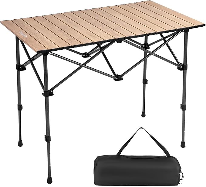 Camping Table Folding Portable Camp Aluminum Fold Up Lightweight Roll Up Table Adjustable Height with Carry Bag Indoor Outdoor for Camping, Picnic, Backyard, BBQ, Patio, Wood Grain