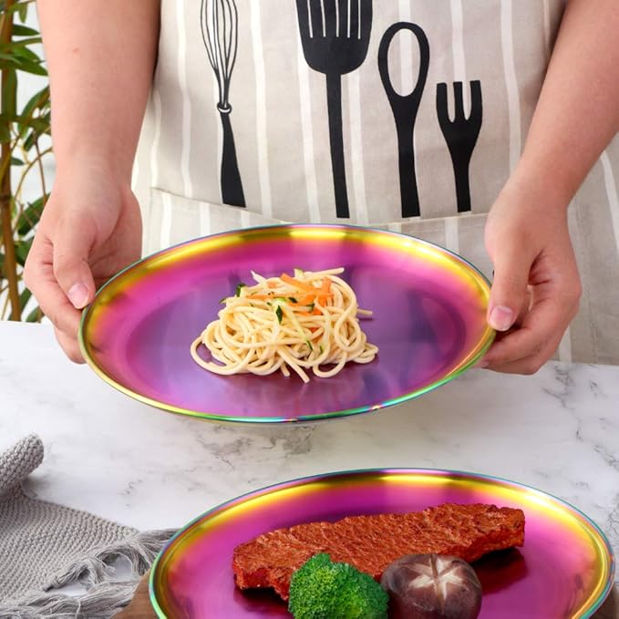 Dinner Plates Set with knife, fork，spoon,Stainless steel tableware，colourful metal dessert salad and steak plate, Services for 4,dinner camping, unbreakable & reusable (9.0inch)