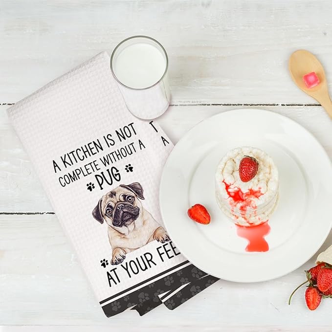 2Pcs Funny Dog Kitchen Towels 24x14 Inch, Cute Pug Waffle Weave Dish Towels for Kitchen Home Farmhouse, White Absorbent Microfiber Hand Tea Towel, Pug Gifts for Pug Lovers Women