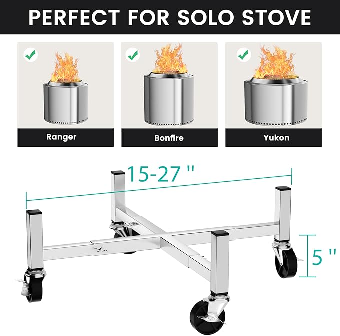 Hisencn Expandable 15-27" Fire Pit Rolling Stand – Heavy-Duty 360° Swivel & Locking Wheels, Universal Fit for Solo Stove & More Fire Pit, Rust-Proof Stainless Steel for Patio, Camping, Outdoor