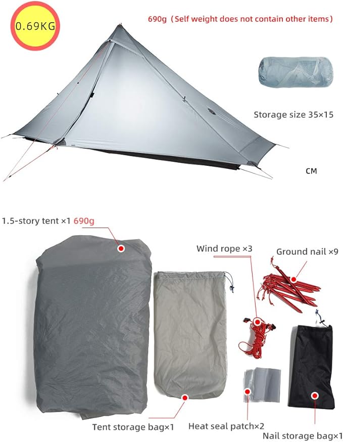 3F UL GEAR Lanshan 1 pro Tent, Outdoor 1 Person Ultralight Camping Tent, 3 Season Professional 20D Silnylon Rodless Camping Tent, Waterproof Backpacking Tent for Camping, Hiking, Trekking(Green)