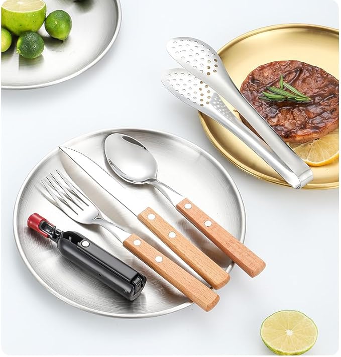 Silverware Flatware Cutlery Set, Outdoor Camping Two-Person Tableware Set 304 Stainless Steel Wooden Handle Knife, Fork, Spoon, Steak Clip, Bottle Opener (Brown Silver 1Set)