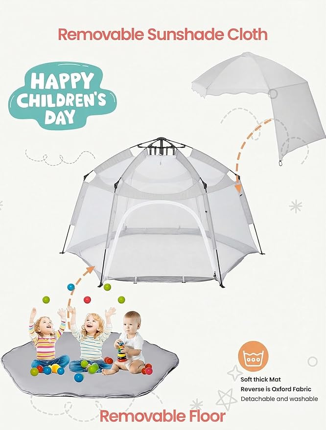 Portable Large Kids Beach Tent Shelter with Canopy UV Cover, Indoor Outdoor Camping Tent,with Thick Removable Floor for Sleeping Or Beach Shelter (Light Grey)