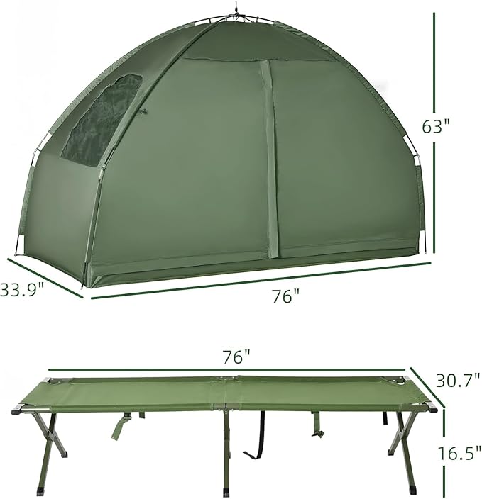 Camping Tent Cot, 4-in-1 Folding Tent Cot Combo with Mattress, Pillow, Sleeping Bag, Roller Carrying Bag, Off Ground Travel Camp Cot for Hiking, Backpacking, Picnic