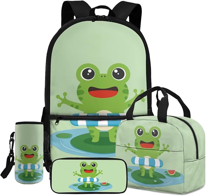Kids Backpack with Lunch Box Water Bottle Bag Pencil Case Large Capacity Cute Frog Backpack for School Boys Backpacks 8-12 Years Old Kindergarten Elementary Mochilas Escolares Para Niños