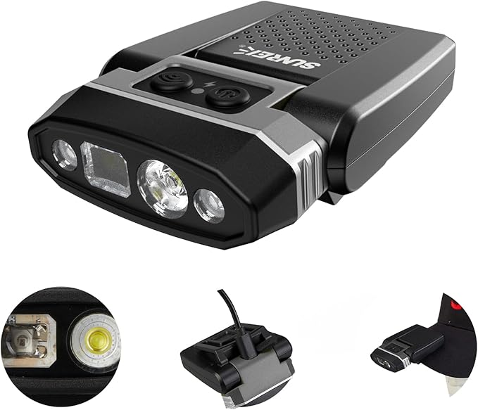 SUNREI 1800 mAh Rechargeable 300 Lumen LED Headlamp with Motion Sensor, 5 Light Modes, 120° Rotatable Clip-On Hat Light with Headband, Type-C Port, Ideal for Running, Camping, Hiking, and Work