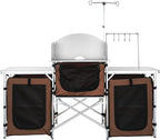 VEVOR Camping Kitchen Table, Folding Outdoor Cooking Table with Storage Carrying Bag, Aluminum Cook Station 3 Cupboard & Detachable Windscreen, Quick Set-up for Picnics, BBQ, RV Traveling, Brown